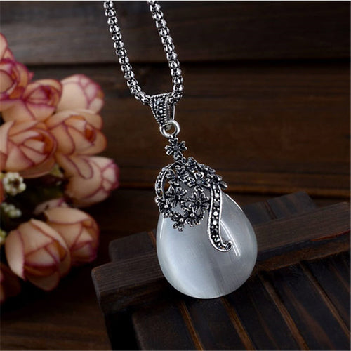 Choker Vintage Silver Plated Crystal Opal Pendant Necklace for Women
