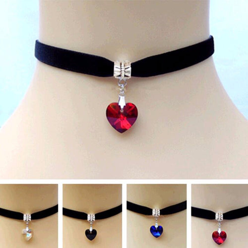 Gothic Velvet Heart Crystal Choker Handmade Necklace Pendant