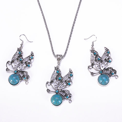 Blue Stone Butterfly Pendant Necklace with Earrings Jewelry Sets For women